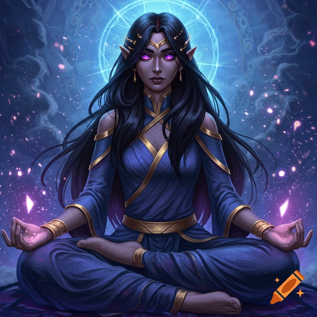 Fantasy illustration of an elf woman meditating in a blue outfit with purple eyes and a glowing arcane symbol.