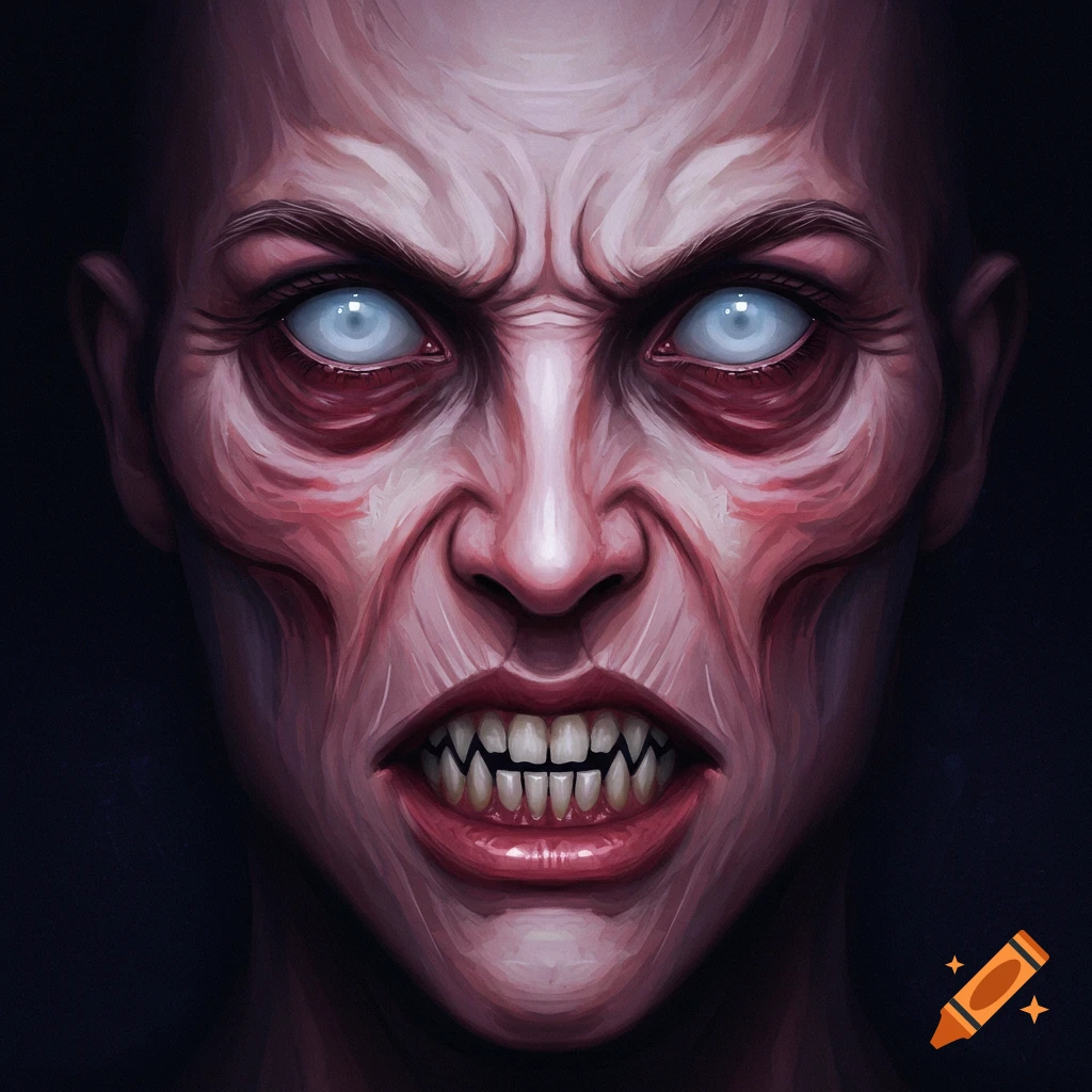 Close-up portrait of a creature with pale eyes, gaunt face, and sharp teeth.