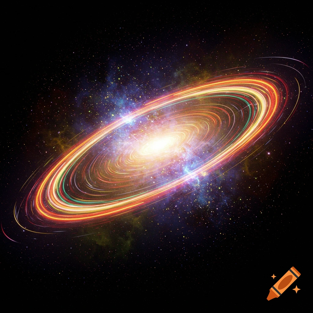 A vibrant, swirling galaxy-like object with colorful rings of light against a star-filled dark background.