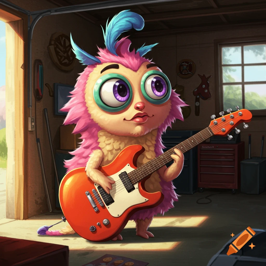 A cute, pink and yellow furry monster plays an orange electric guitar in a garage.