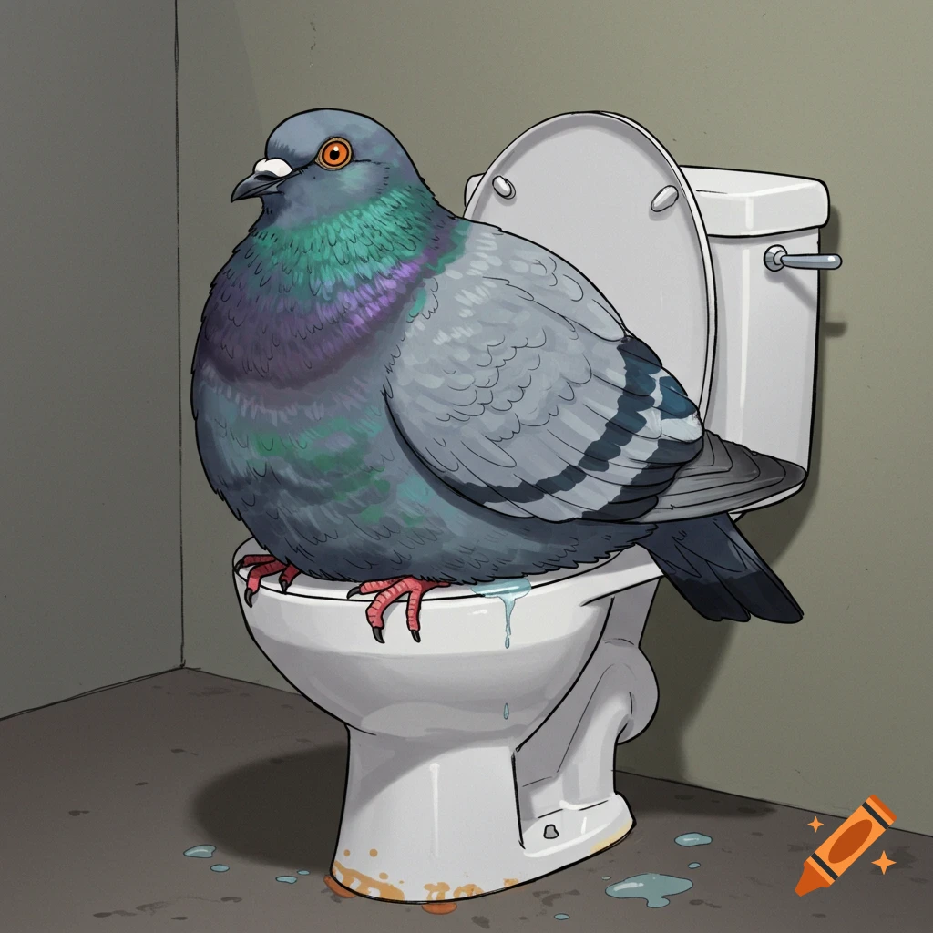 Obese pigeon on a toilet