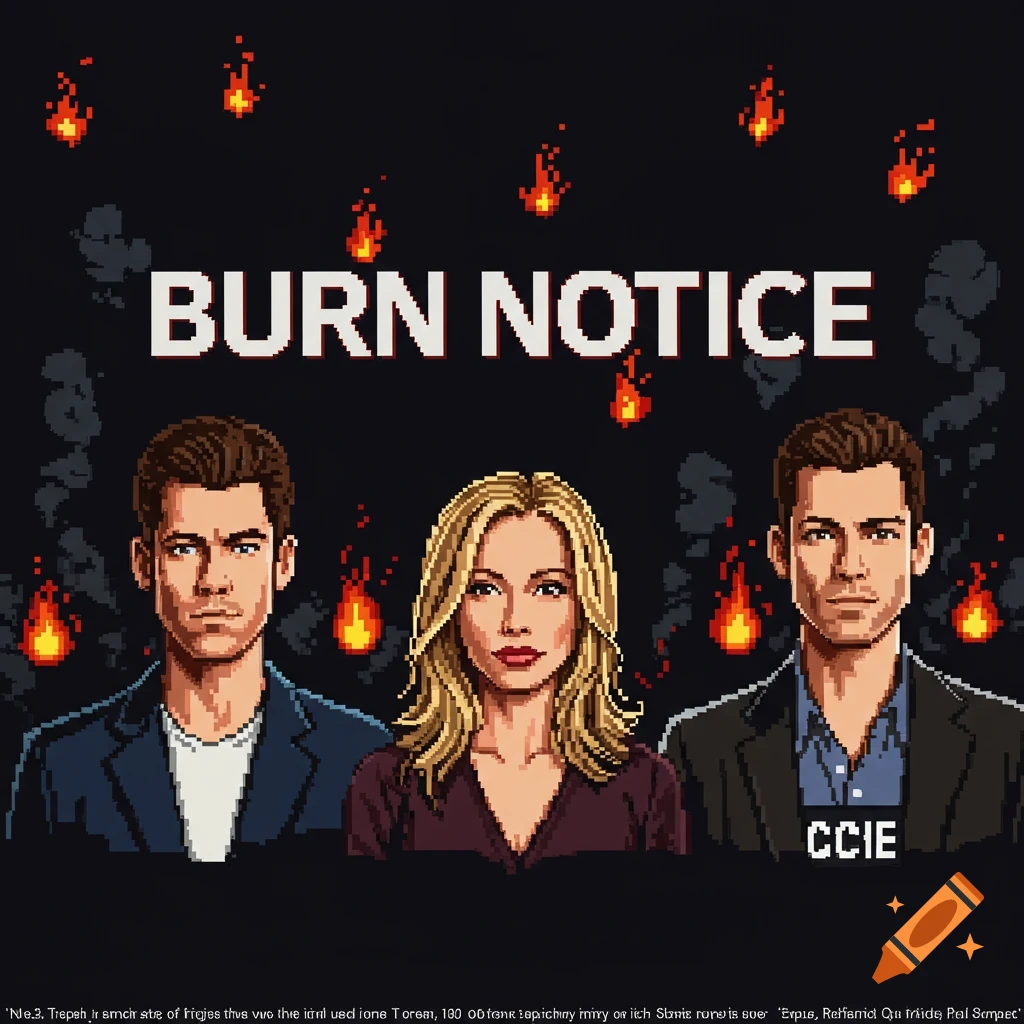 Pixel art style poster for Burn Notice with three main characters and fire.