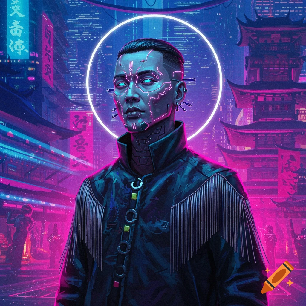 Cyberpunk portrait of a person with glowing face tech against a neon city with pagodas.