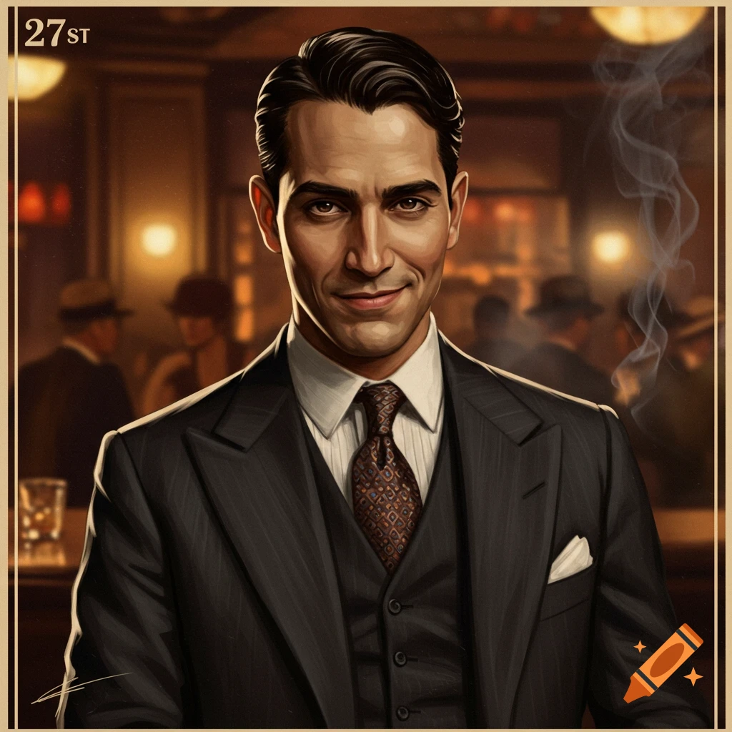 Man in a vintage suit in a speakeasy bar with smoke