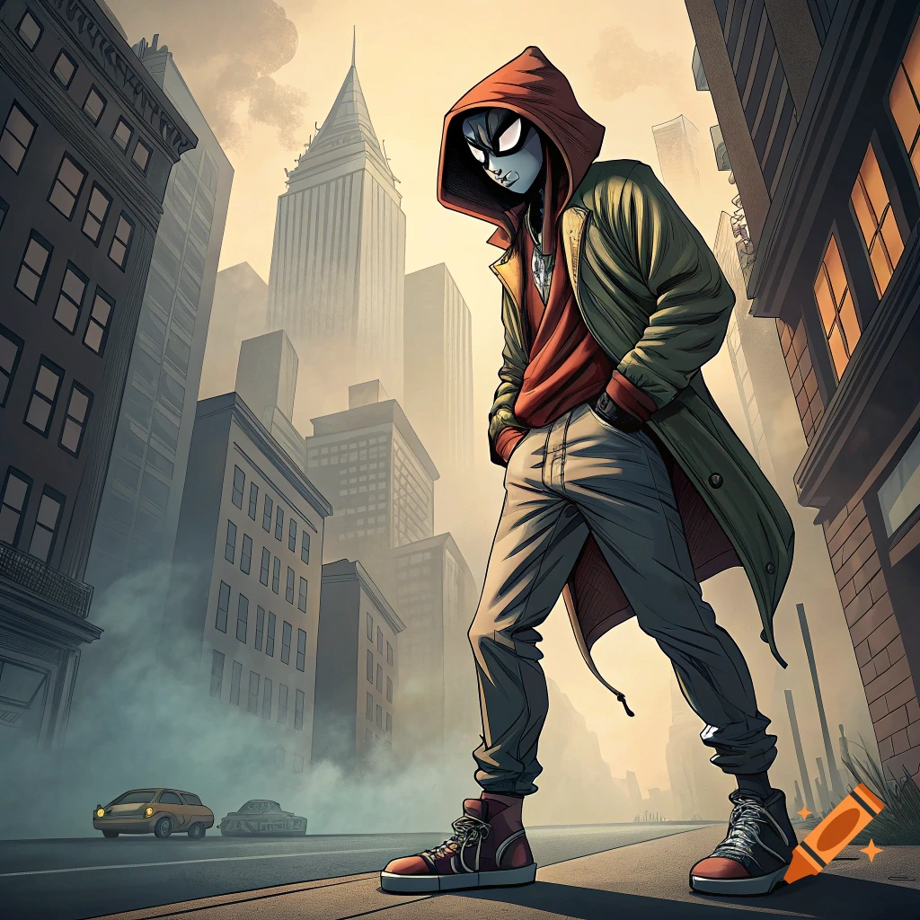 A character resembling Miles Morales in a red hoodie and green coat stands on a city street, looking down.