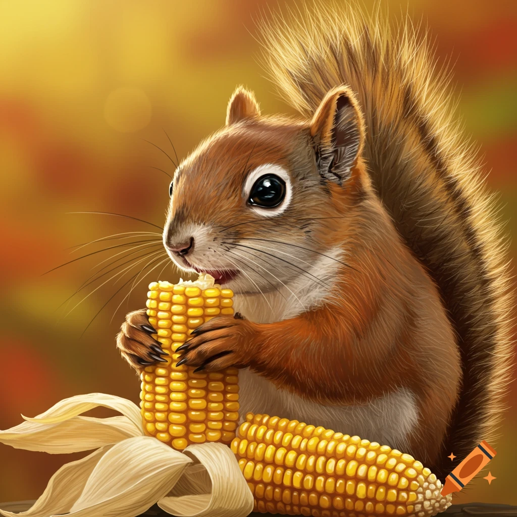 An illustrated squirrel holds and eats a large ear of corn with an autumn background.
