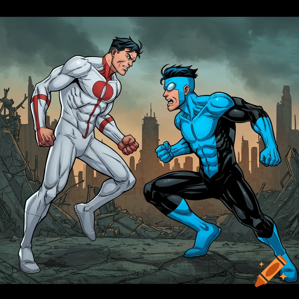 Two comic book superheroes fight in a destroyed city.