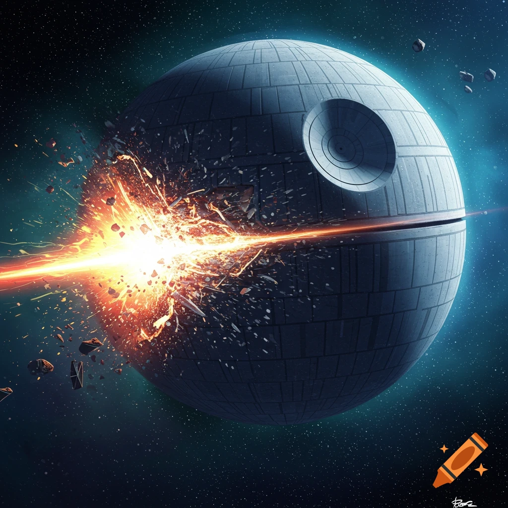 The Death Star exploding from a laser blast in space.