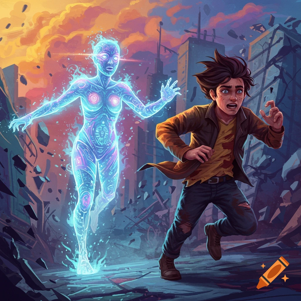 A person runs in fear from a glowing, stylized figure in a ruined city under a dramatic sky.