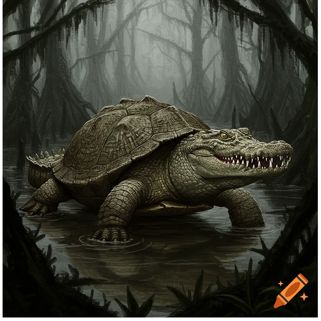 A detailed illustration of a turtle-crocodile hybrid creature standing in a murky swamp.