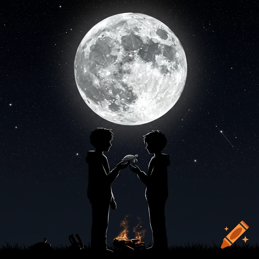 Silhouettes of two people under a full moon, one holding a turtle, beside a campfire.