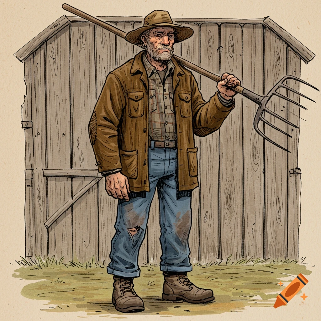 A sketch illustration of a farmer holding a pitchfork in front of a wooden barn.