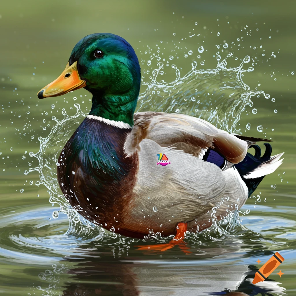 A mallard duck splashes in water.