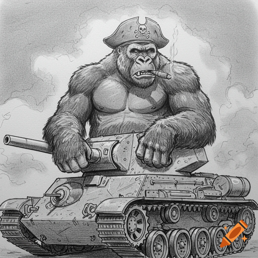 Pencil drawing of a gorilla in a pirate hat smoking a cigar while sitting on a tank.