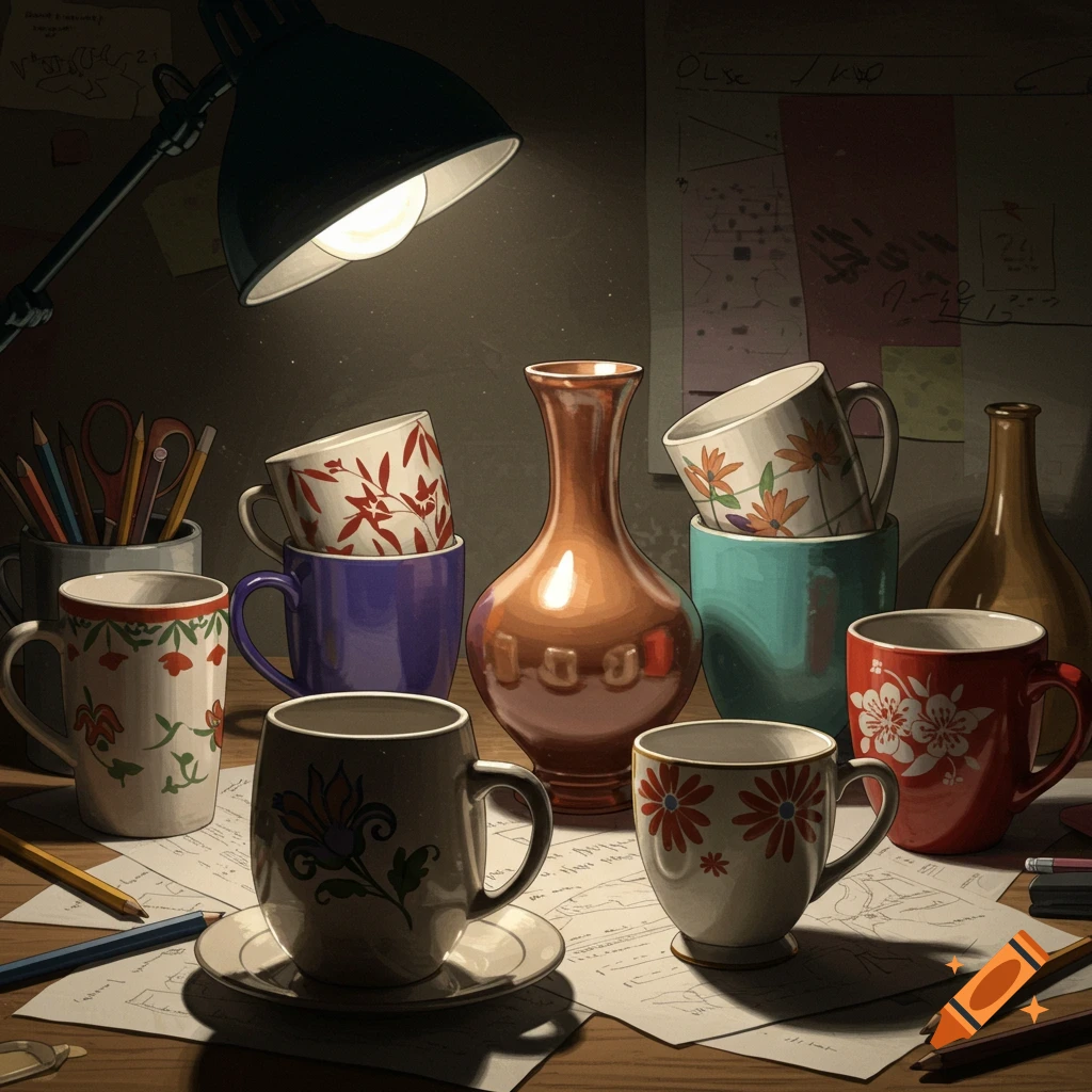 Still life of colorful ceramic cups, vases, pencils, and papers on a desk under a bright lamp light.