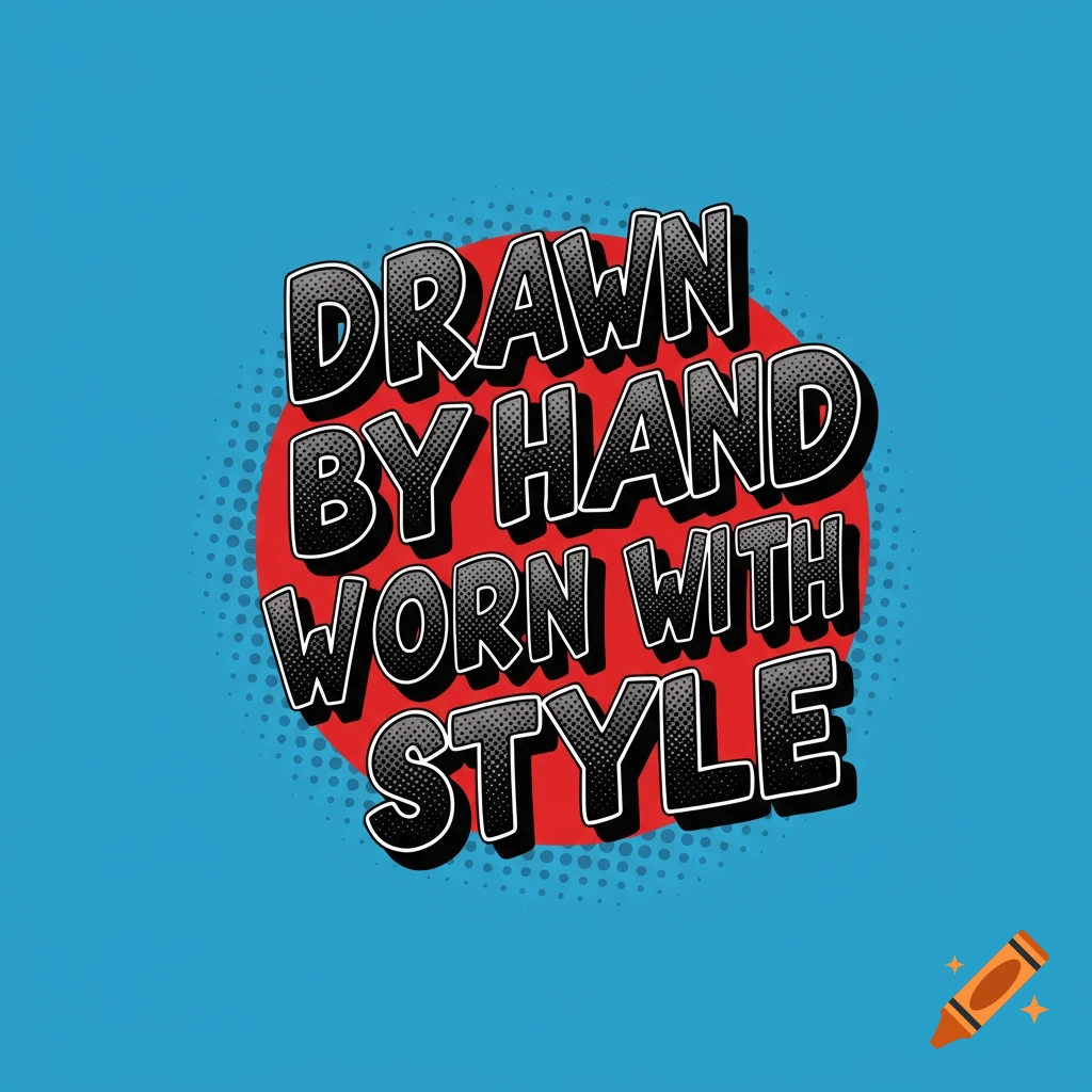 Comic book style text 'Drawn by Hand Worn with Style' on a red circle with blue background.