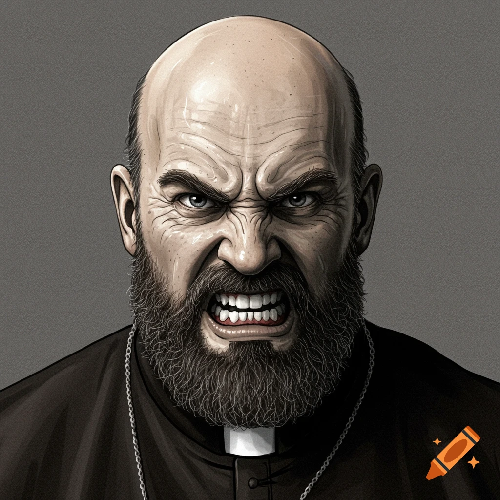 Close-up illustration of an angry bald man with a beard wearing a priest's collar.