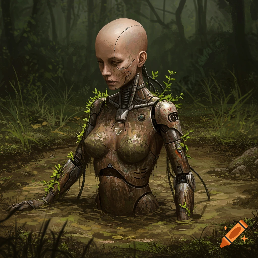 Decaying cyborg woman submerged in mud in a swampy forest.