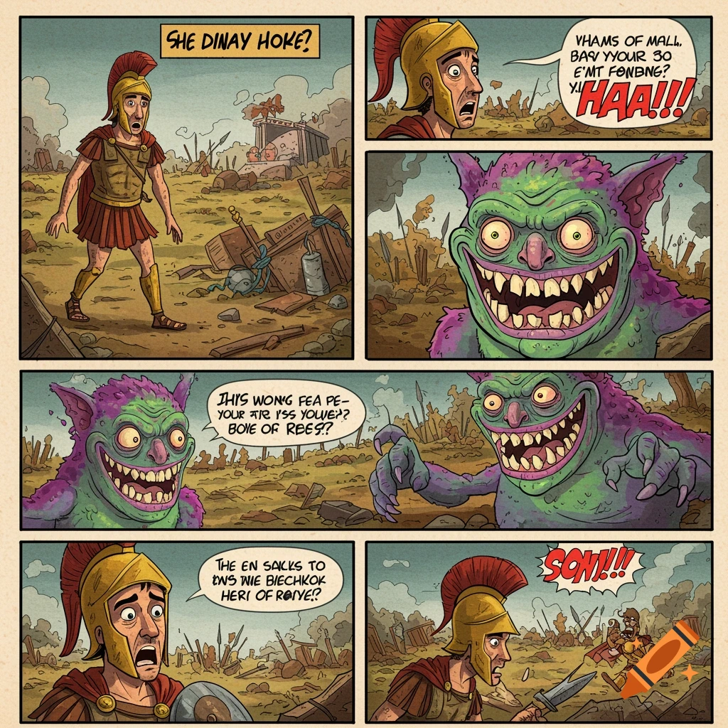 Funny comic strip of a Greek soldier and a monster