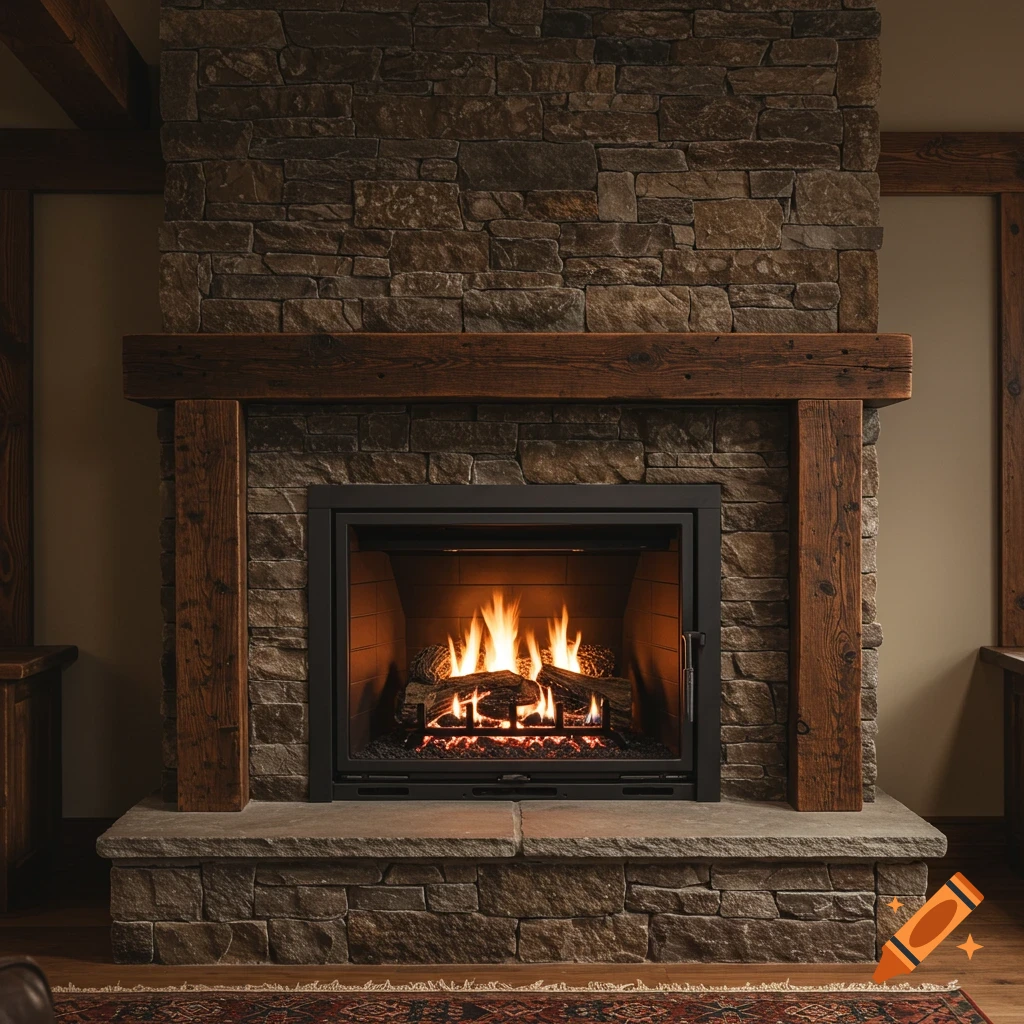 A rustic gas fireplace with a stone chimney and wood surround has logs burning in it.