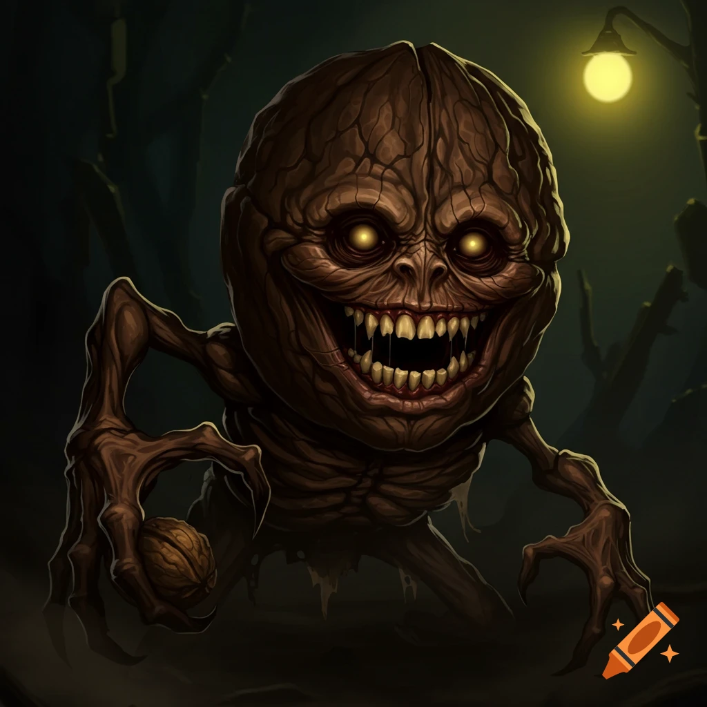 A creepy creature with a large, wrinkled head like a walnut, glowing eyes, sharp teeth, and bony limbs, holding a walnut in one hand in a dark, spooky scene.