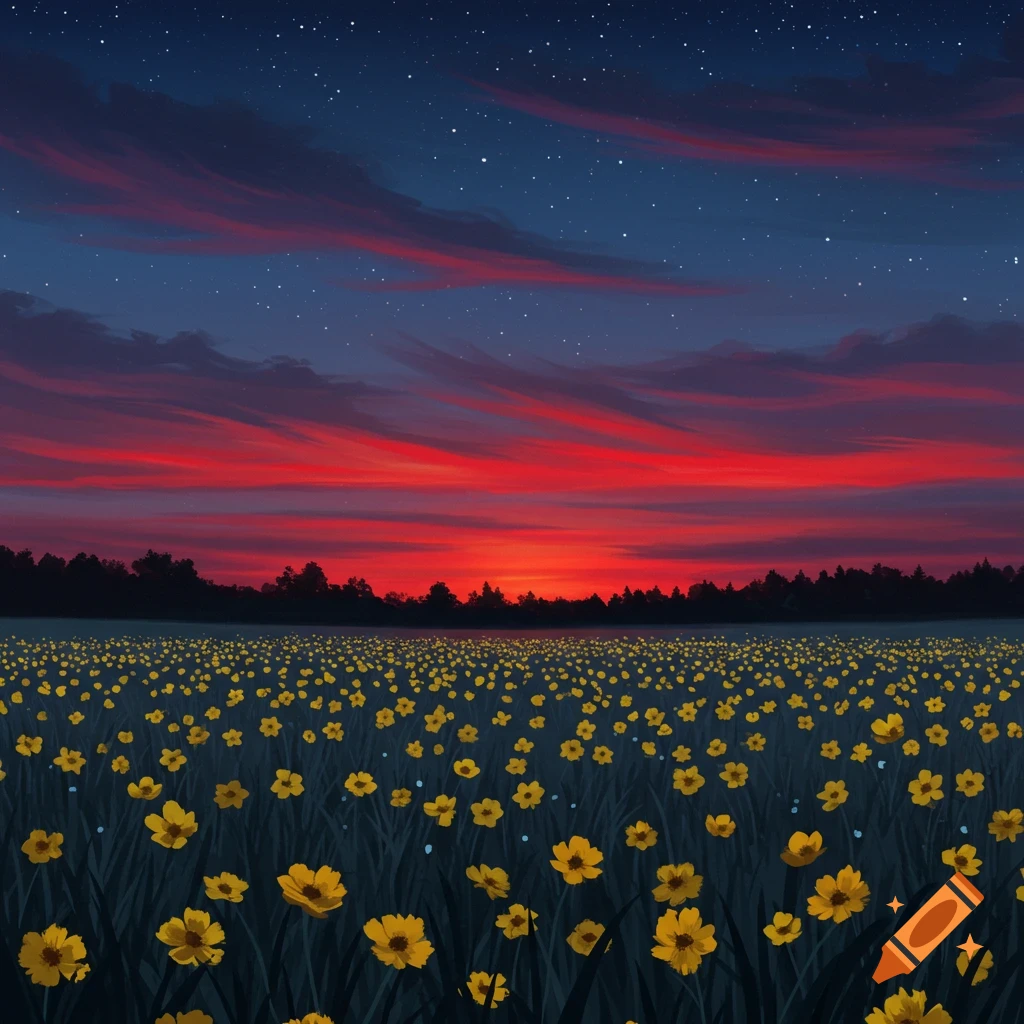 Illustrative painting of a field of yellow flowers under a night sky with a bright red sunset and stars.