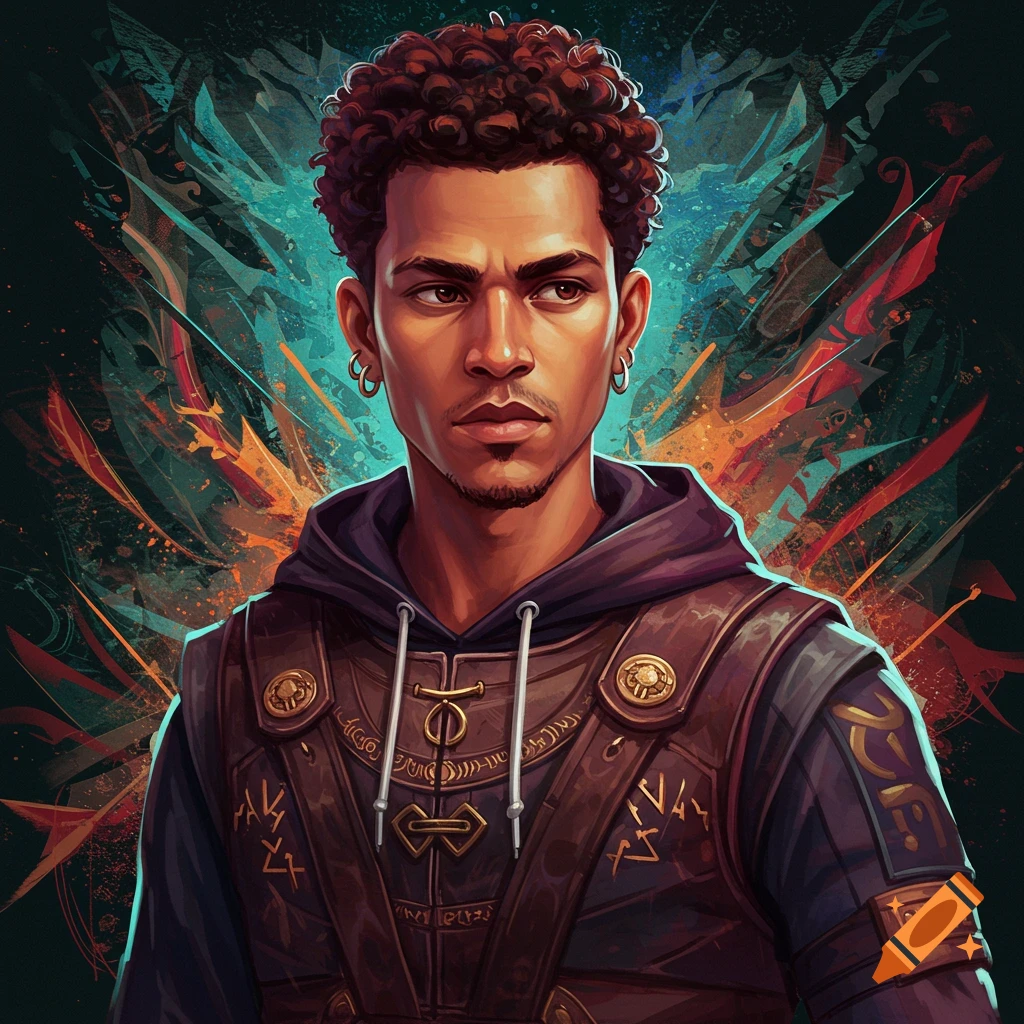 Portrait of a man in fantasy leather armor vest over a hoodie.