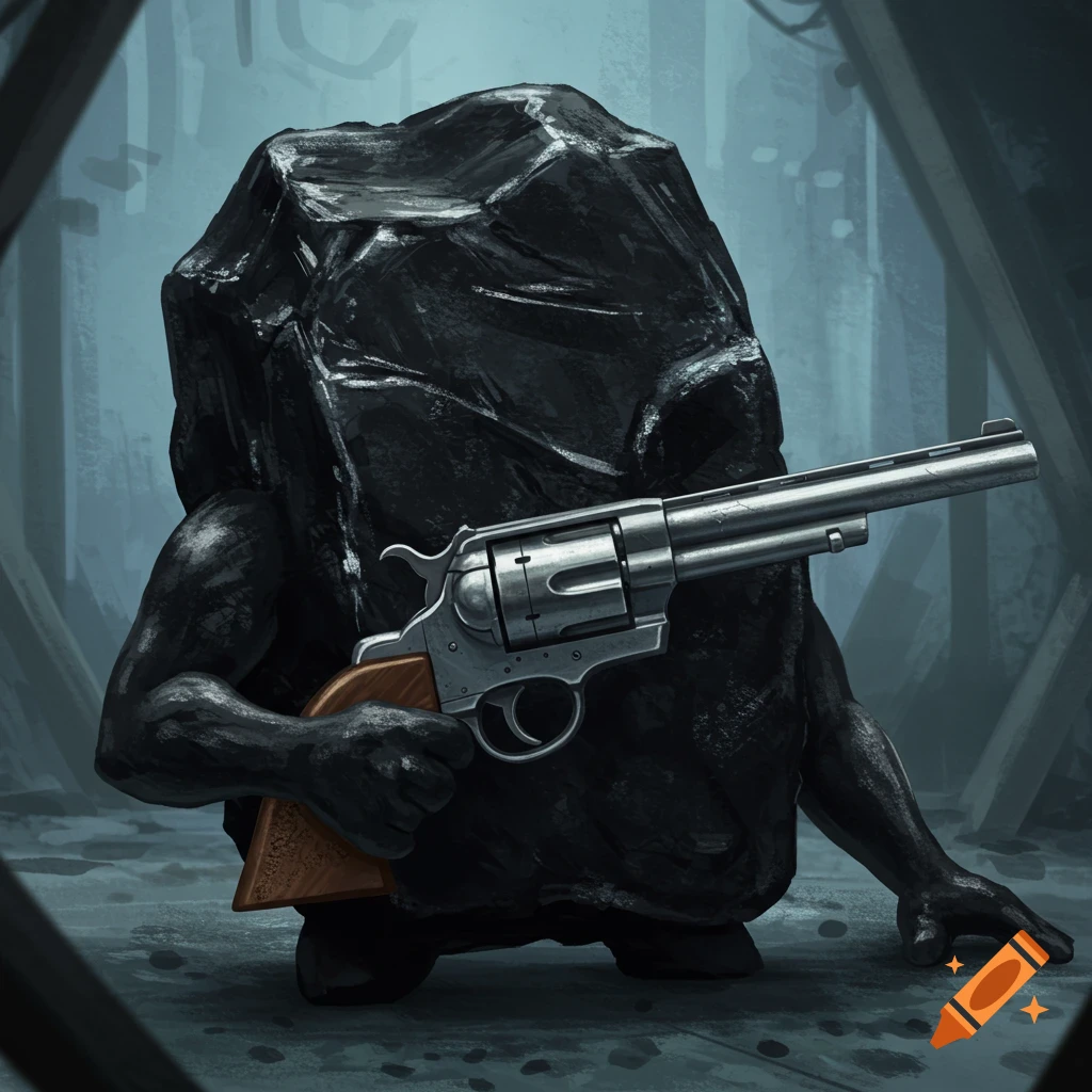 A piece of coal with arms holds a large revolver in a dimly lit, industrial-like setting.