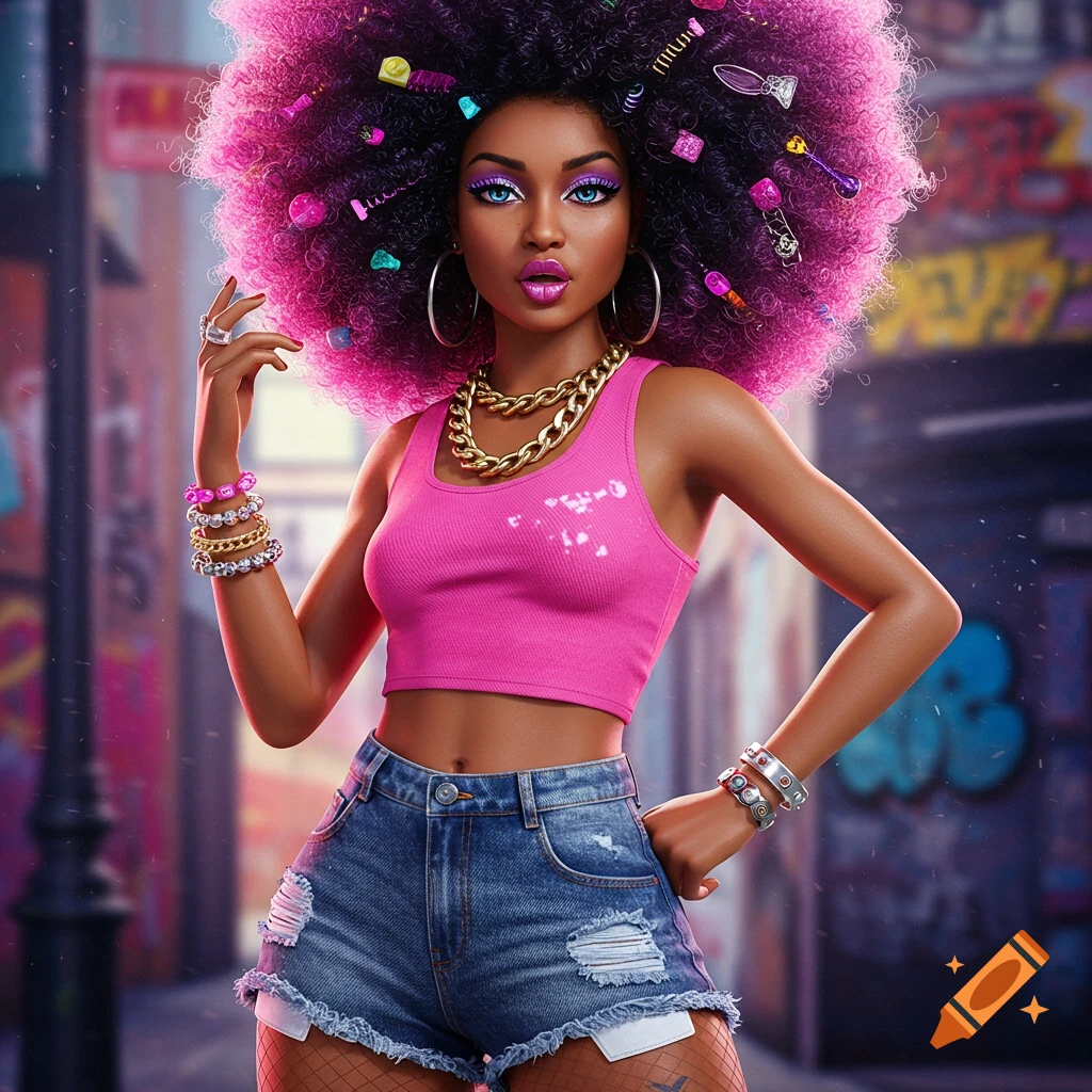 A stylized woman with a large pink afro, pink crop top, denim shorts, and jewelry stands in an urban setting.