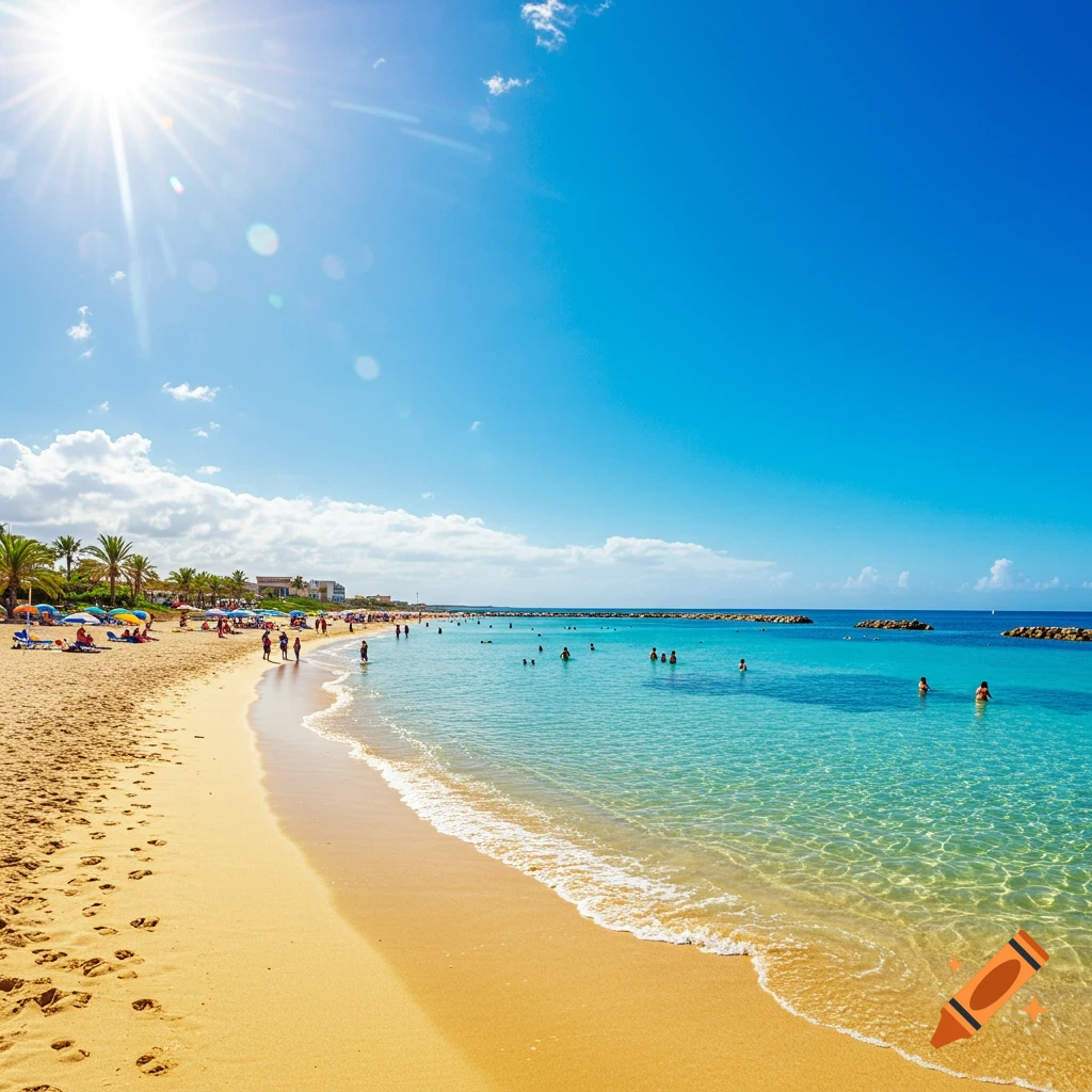 Sunny beach with people swimming and relaxing under umbrellas, clear blue water and sky.