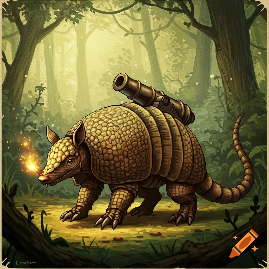 Stylized illustration of an armadillo-like creature with a cannon on its back, walking through a forest.