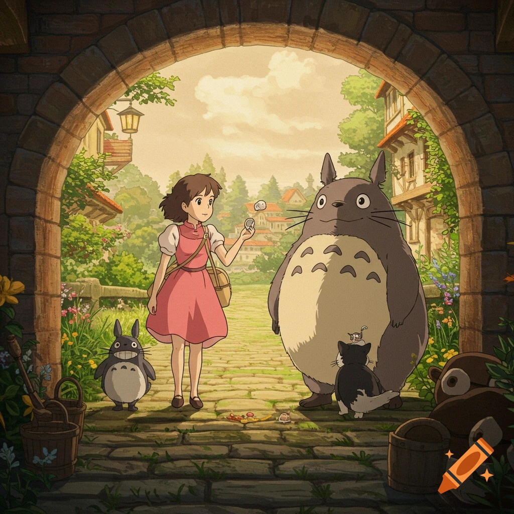 Characters resembling Totoro and Mei under an archway in a village, Ghibli style.