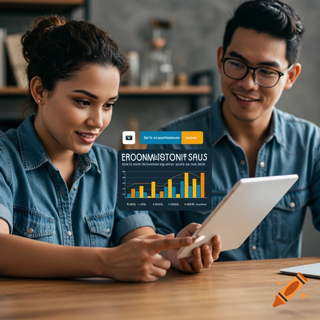 Two people look at charts on a tablet.