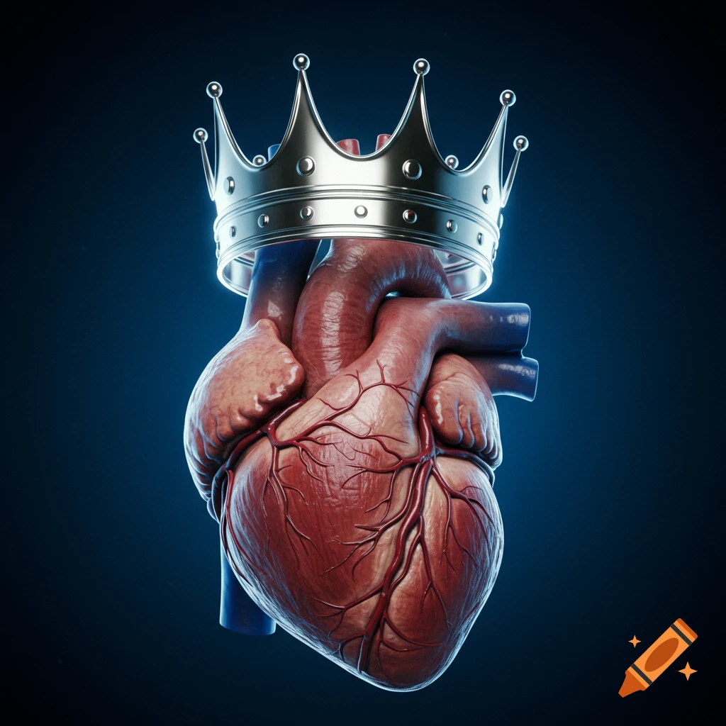 Anatomical human heart wearing a silver crown against a dark blue background.