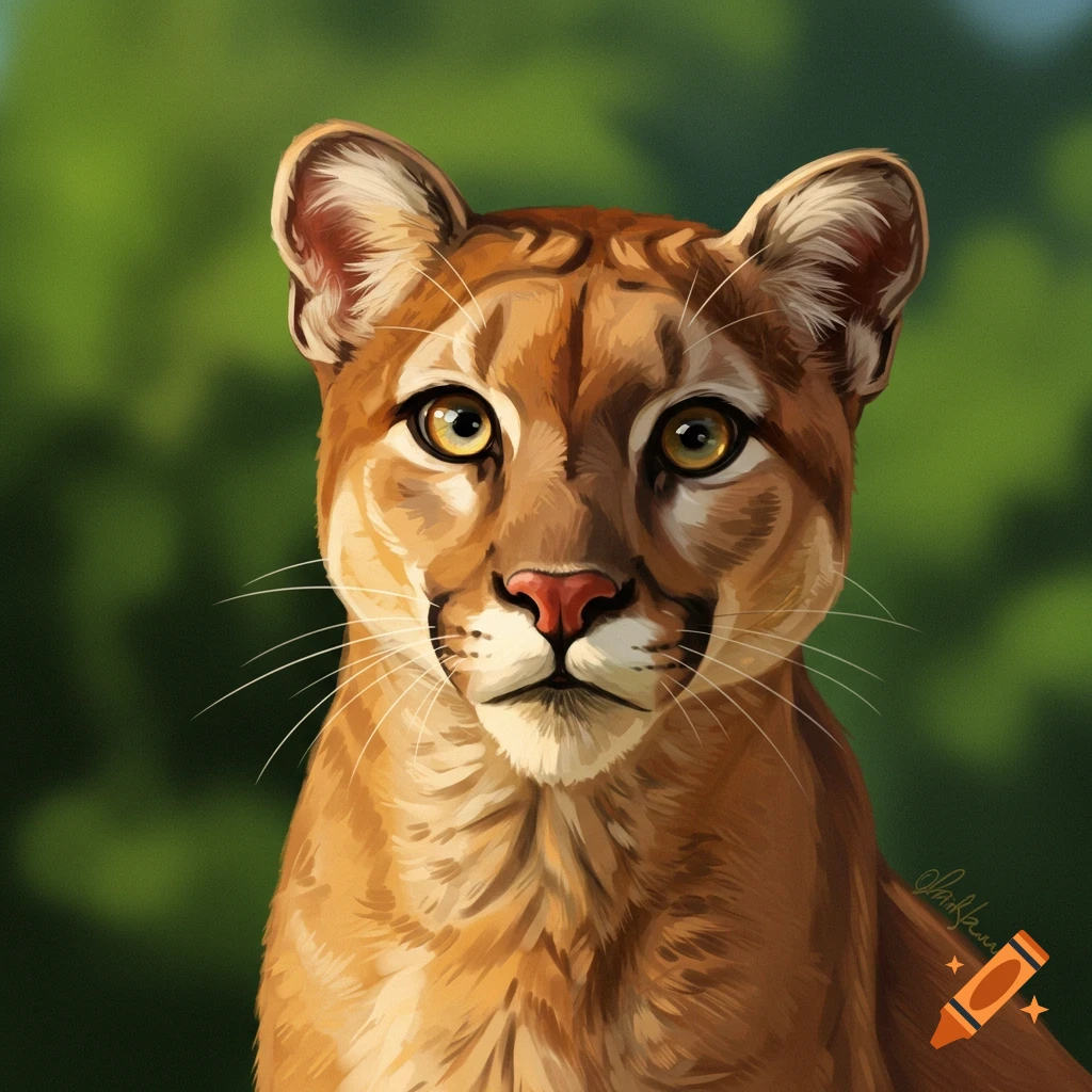 A close-up portrait of a mountain lion against a blurred green background.