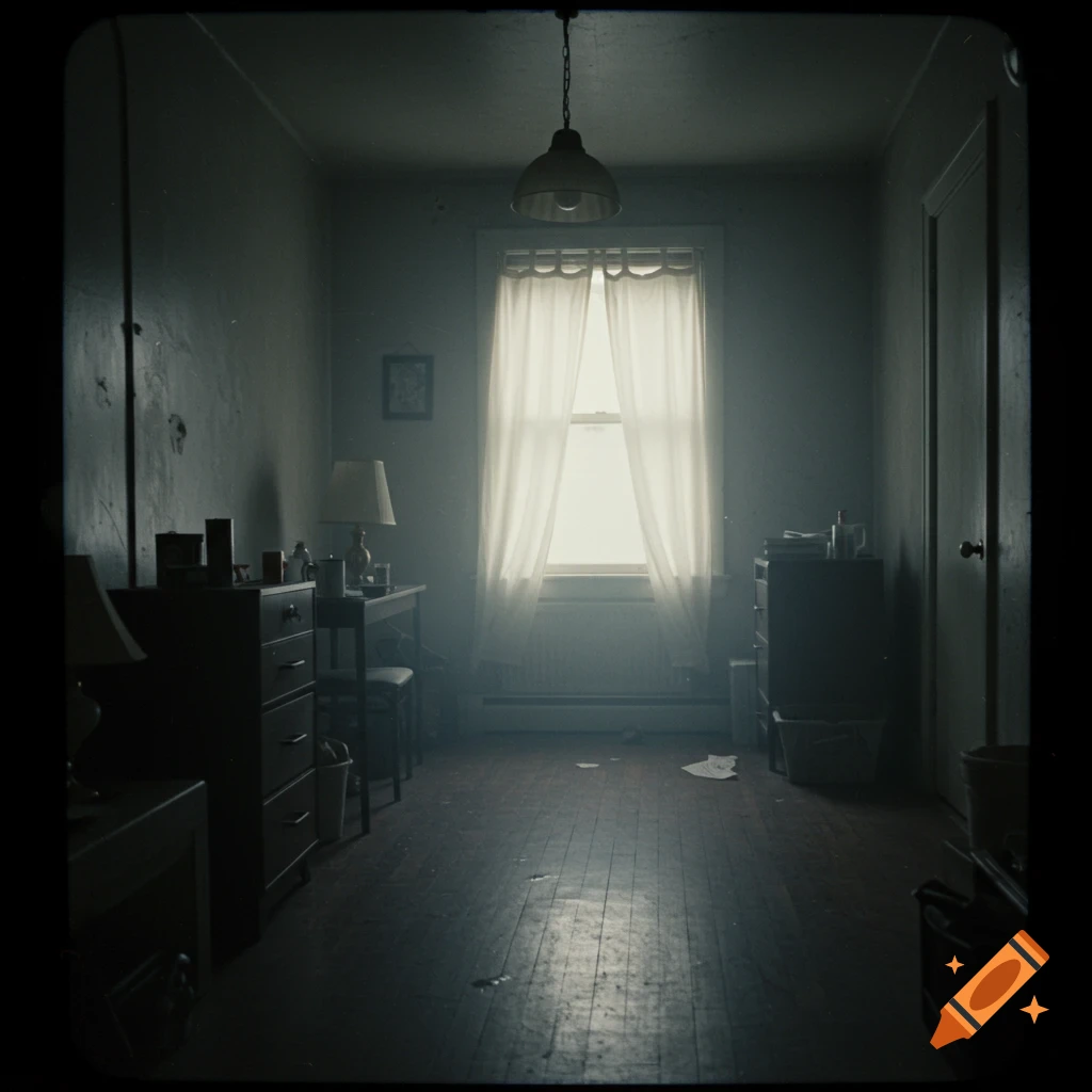 A dark, moody interior photo of an apartment room with light filtering through a window.