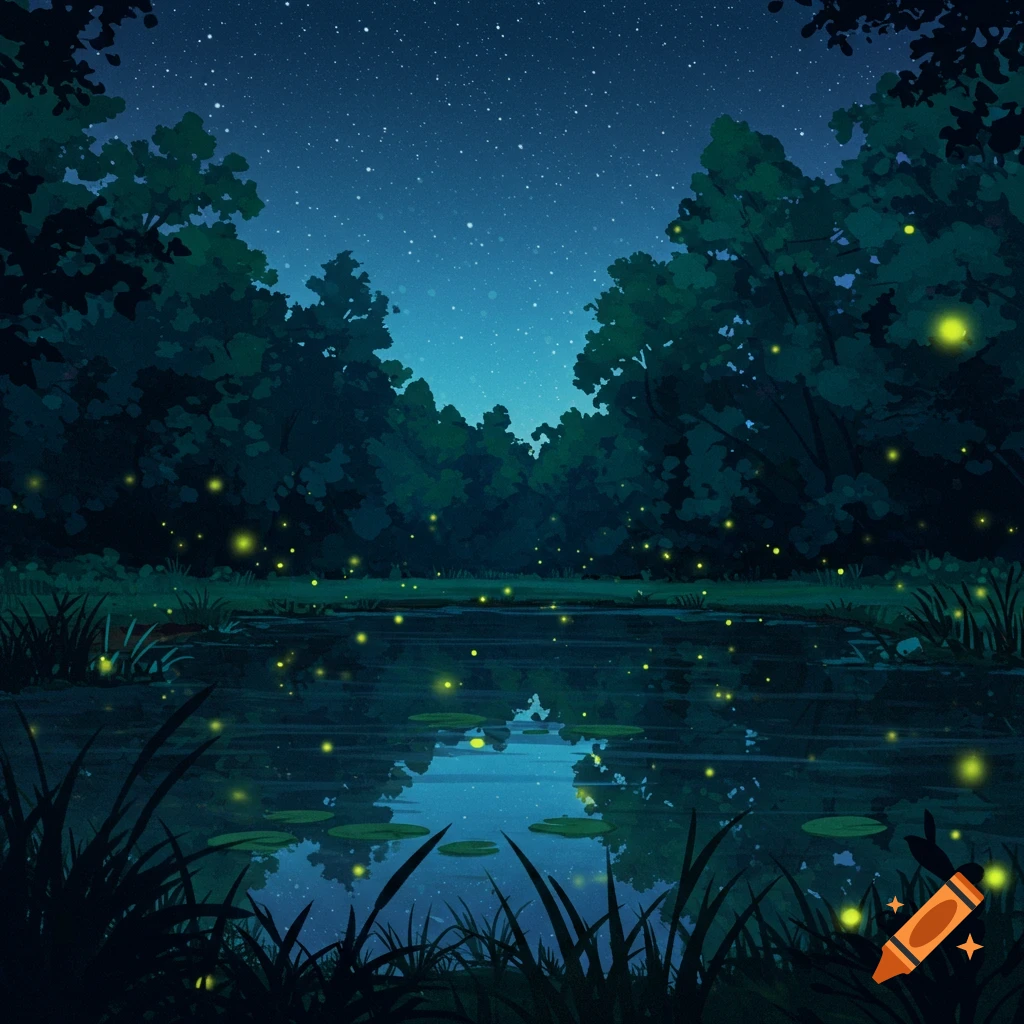 Illustrated forest pond at night with fireflies and stars reflecting in the water.