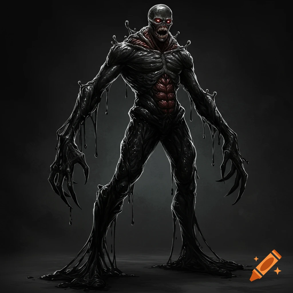 A humanoid monster made of black goo with sharp claws, exposed red muscle, and glowing red eyes.