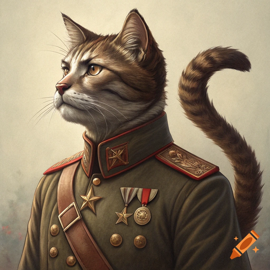 Portrait of a cat wearing a detailed military uniform with medals and epaulets.