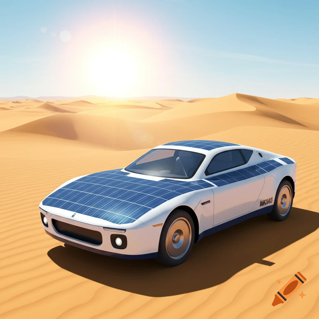 A white sports car covered in solar panels sits in a sandy desert with dunes and bright sun.