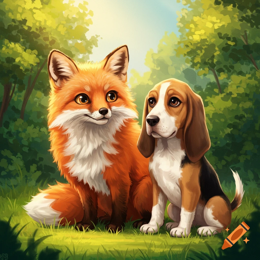 A cute orange fox and a beagle dog sit together in a sunny, grassy forest clearing, illustrated in a painterly style.