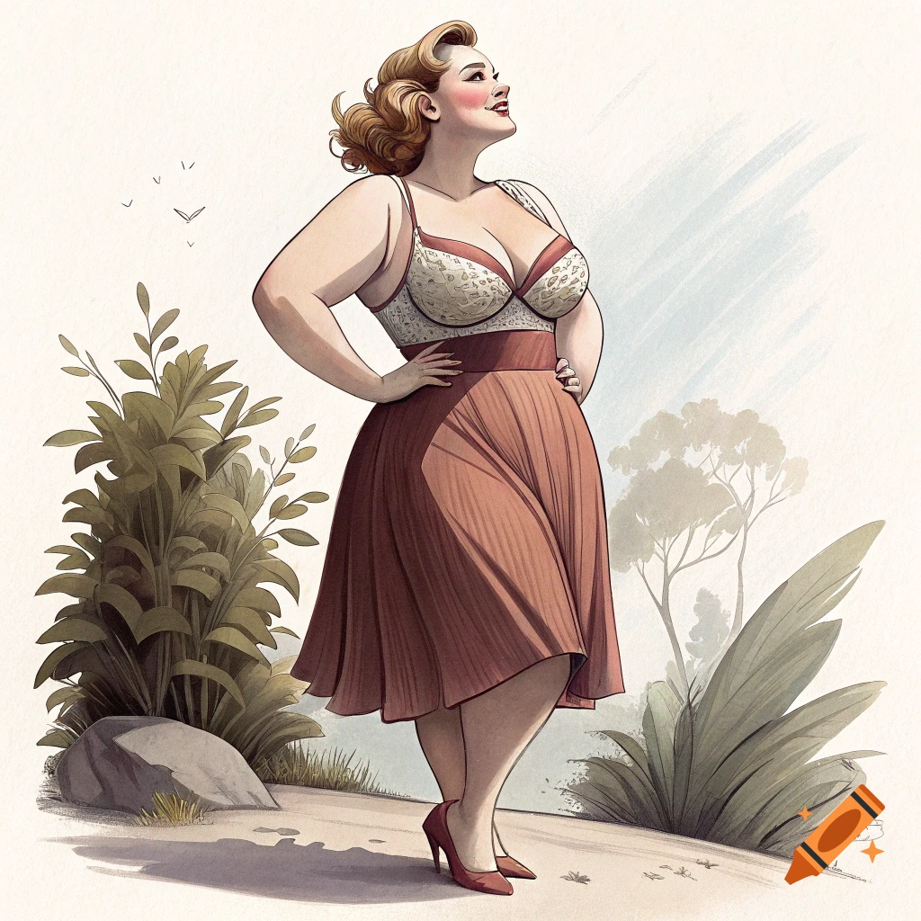 Illustration of a plus-size woman in a vintage dress standing outdoors with hands on hips.