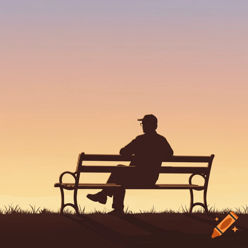 A silhouette of a person sitting on a park bench against a sunset sky.