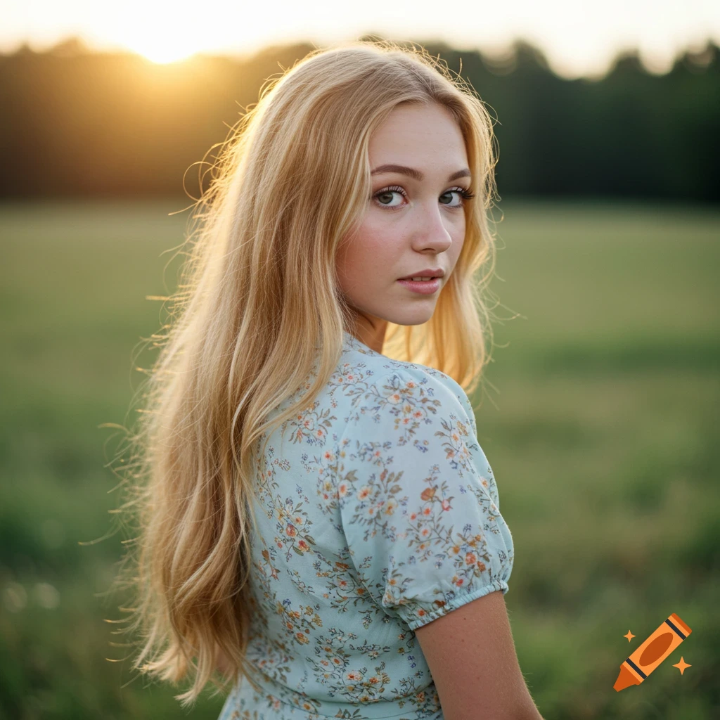 Young woman with long blonde hair looking over her shoulder in a field at sunset, photorealistic.