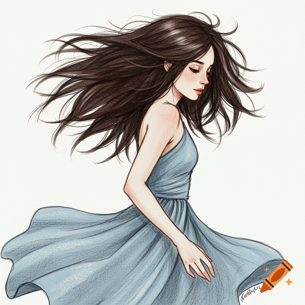 Stylized drawing of a young woman in a blue dress with long flowing hair, looking down.