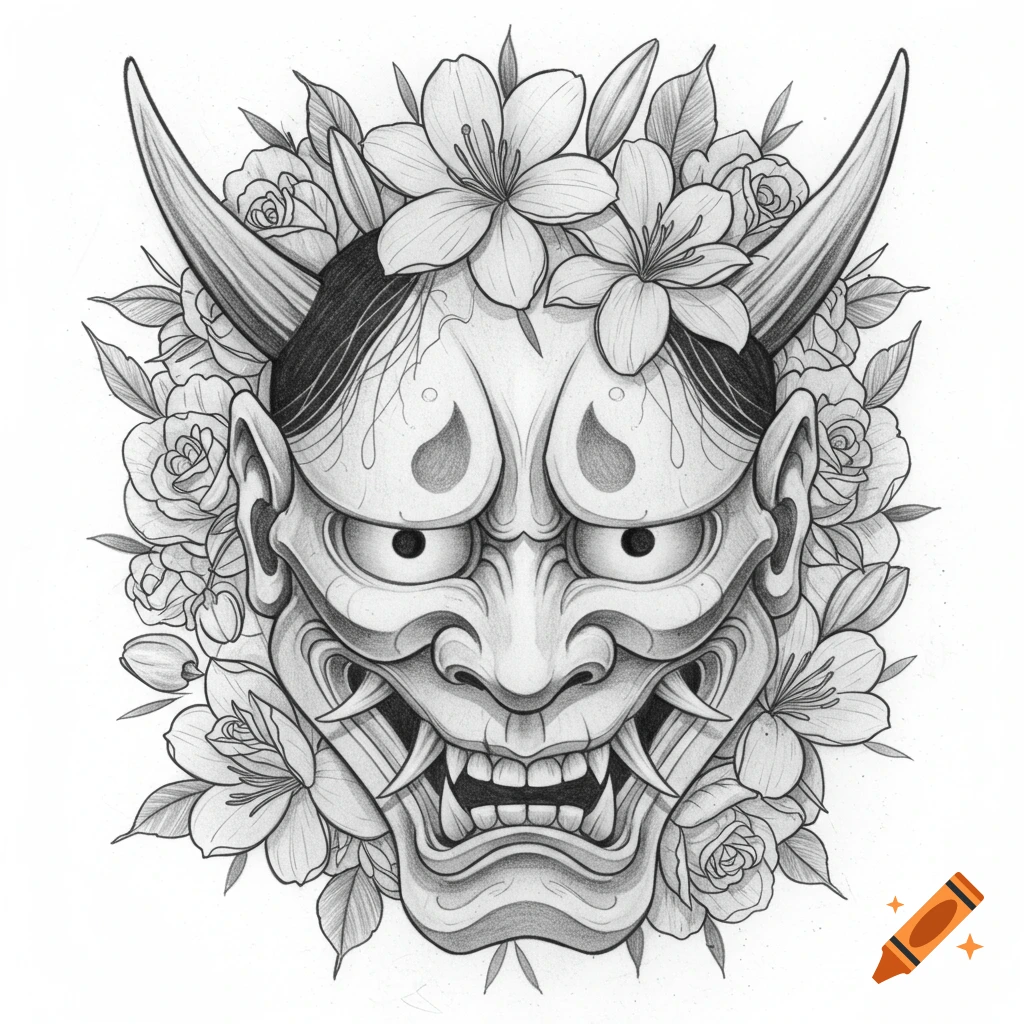 Pencil drawing of a traditional Japanese Oni mask surrounded by flowers.