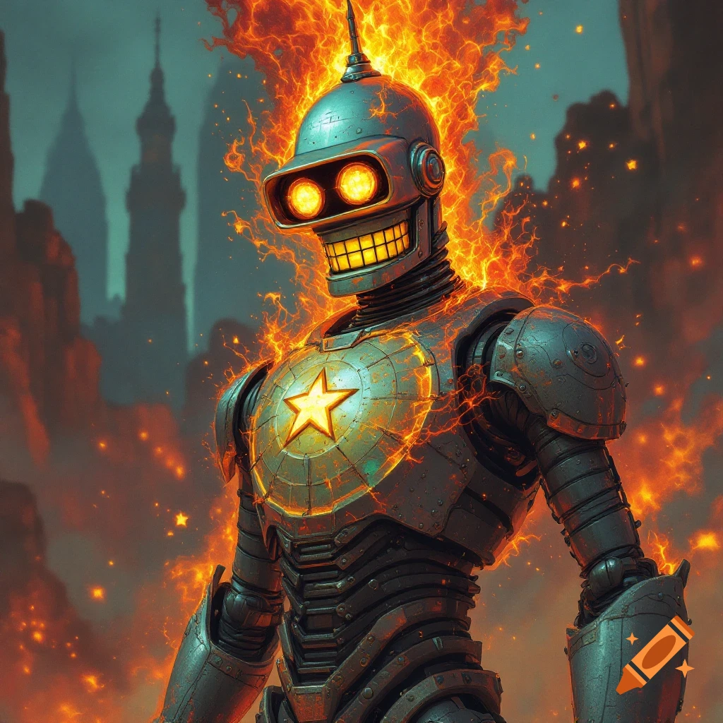 A metallic robot in armor resembling Bender from Futurama stands surrounded by orange flames and sparks, with a star on its chest and a dark cityscape in the background.