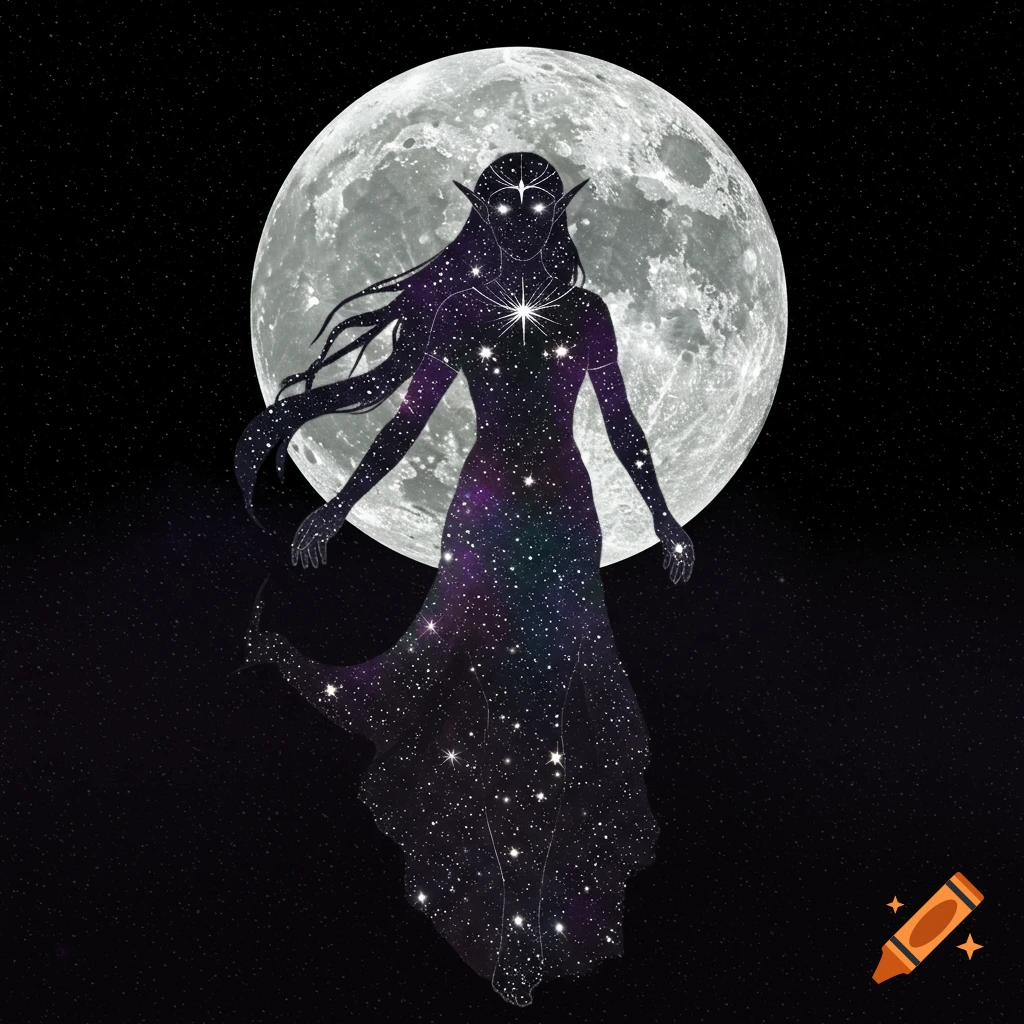 Silhouette of a celestial elf figure filled with stars and galaxy pattern, standing in front of a large moon against a starry night sky.