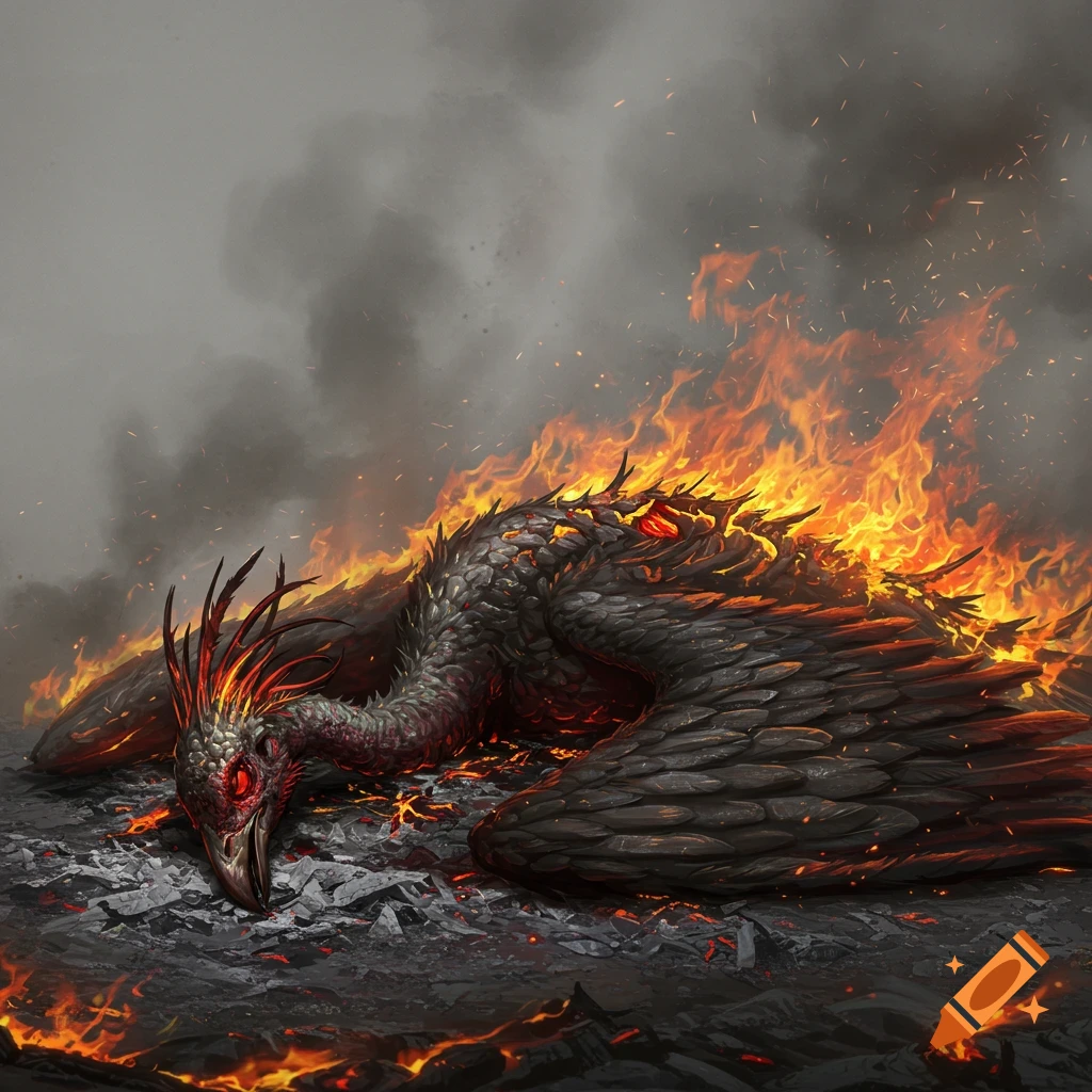 A dark fantasy illustration of a dead phoenix engulfed in flames and smoke, lying in ashes.