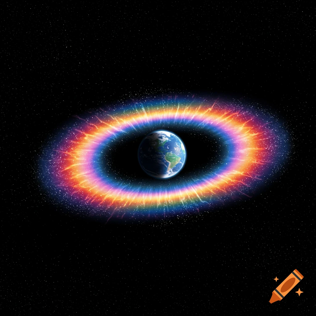 Earth in space surrounded by a vibrant rainbow-colored energy ring.
